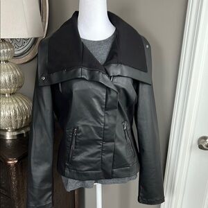White House Black Market wide collar, black coated, faux leather Moto jacket